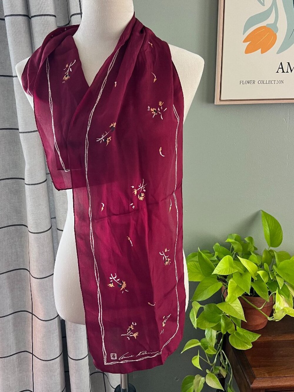 Anne Klein Vintage Burgundy  Oblong Scarf 10x52 Abstract Floral Hand‑Rolled Hem
